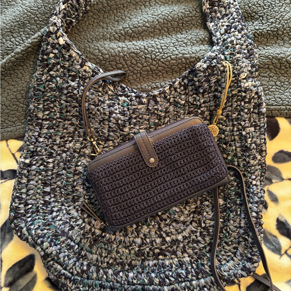 The Sak crocheted Blue Large Tote with Navy crossbody phone wallet